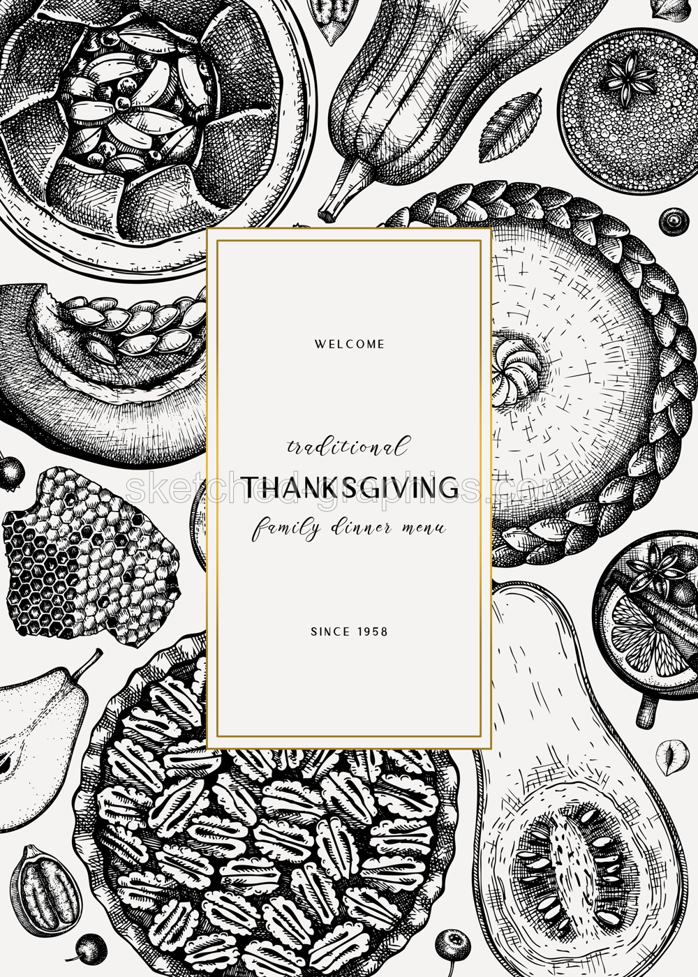 Thanksgiving desserts menu design. Hand sketched desserts with apple, pecan, pumpkin. Traditional pies for Thanksgiving dinner in vintage style. Top view autumn food background. Cooking at home design Illustration